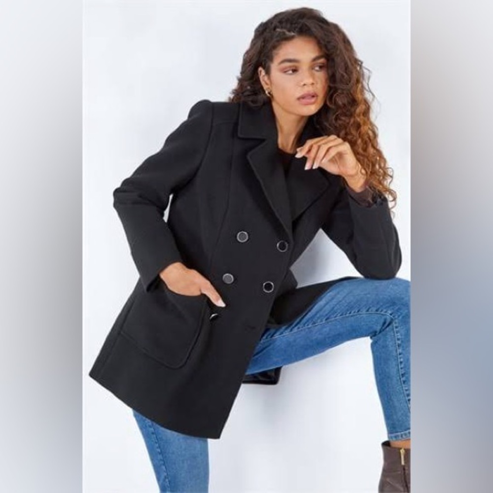 Y2K Luxurious Classic Black Wool Blend Pea Coat Winter Trendy Chic Office Wear
